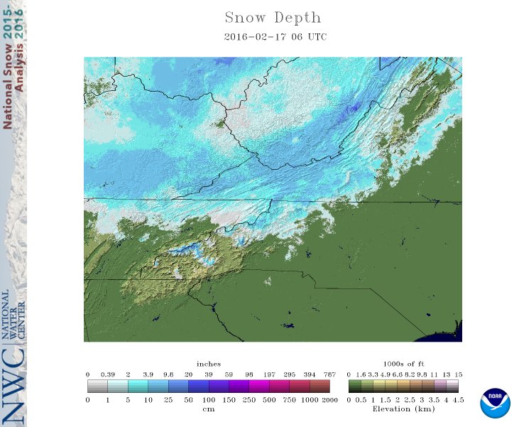 Snowfall depth February 17 2016