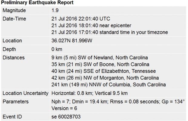 Thurs July 21 2016 earthquake details