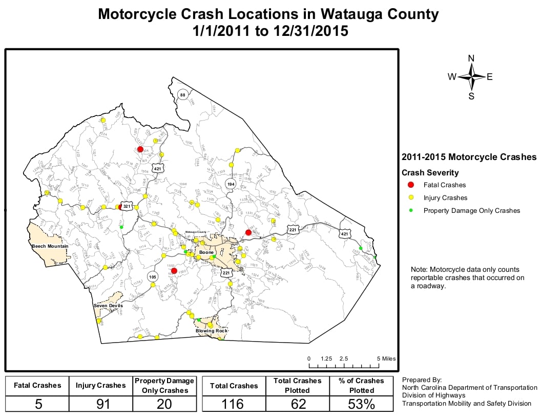 2011-2015 Watauga Co Motorcycle Crash Map