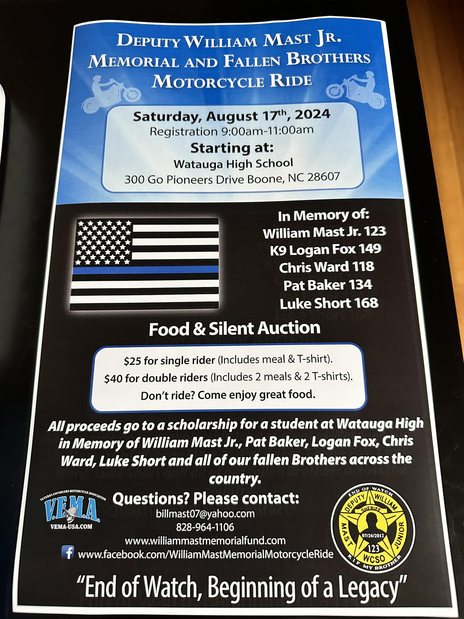 The 2024 William Mast Jr. Memorial Motorcycle Ride will take place on Saturday, August 17