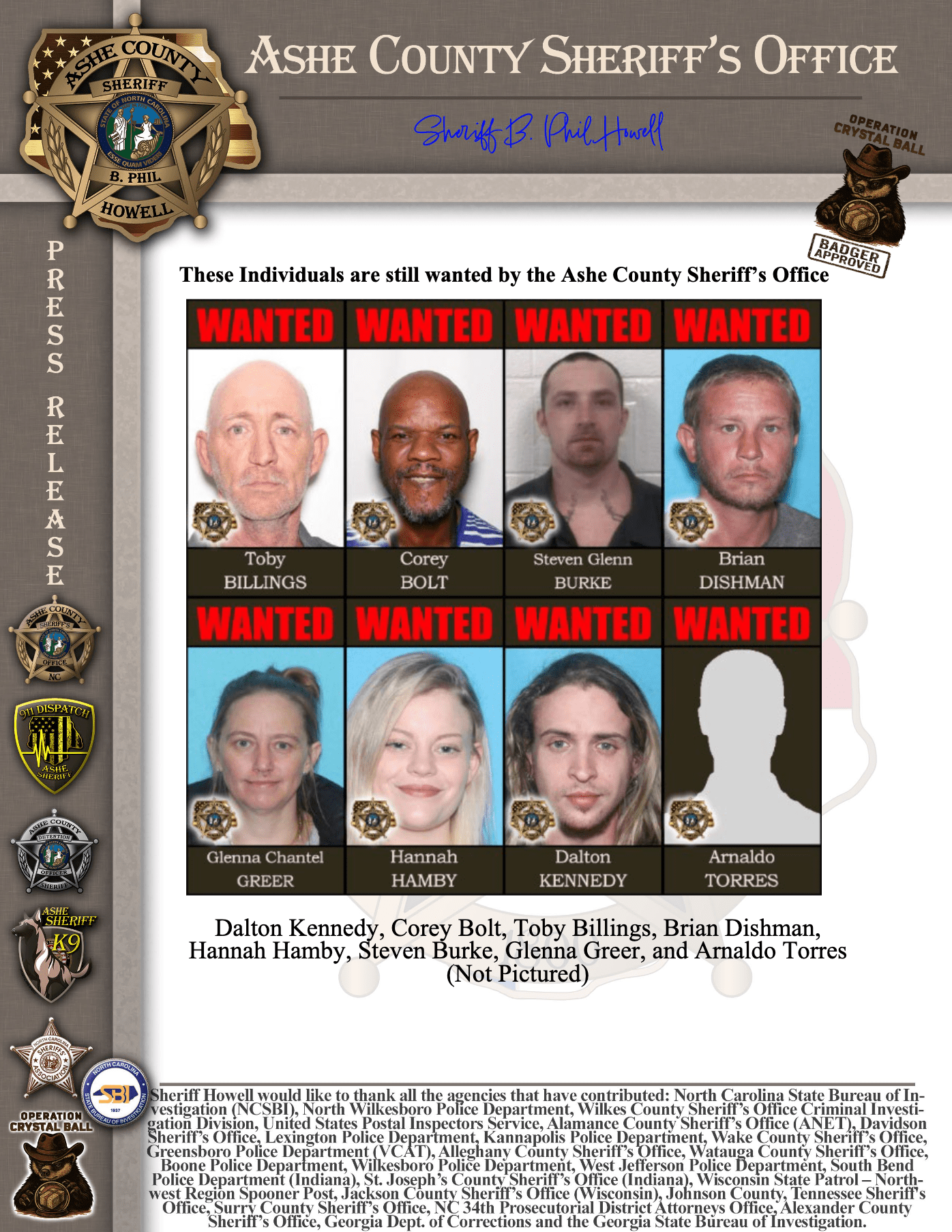 Eight individuals still wanted by Ashe County Sheriff's Office in Operation Crystal Ball