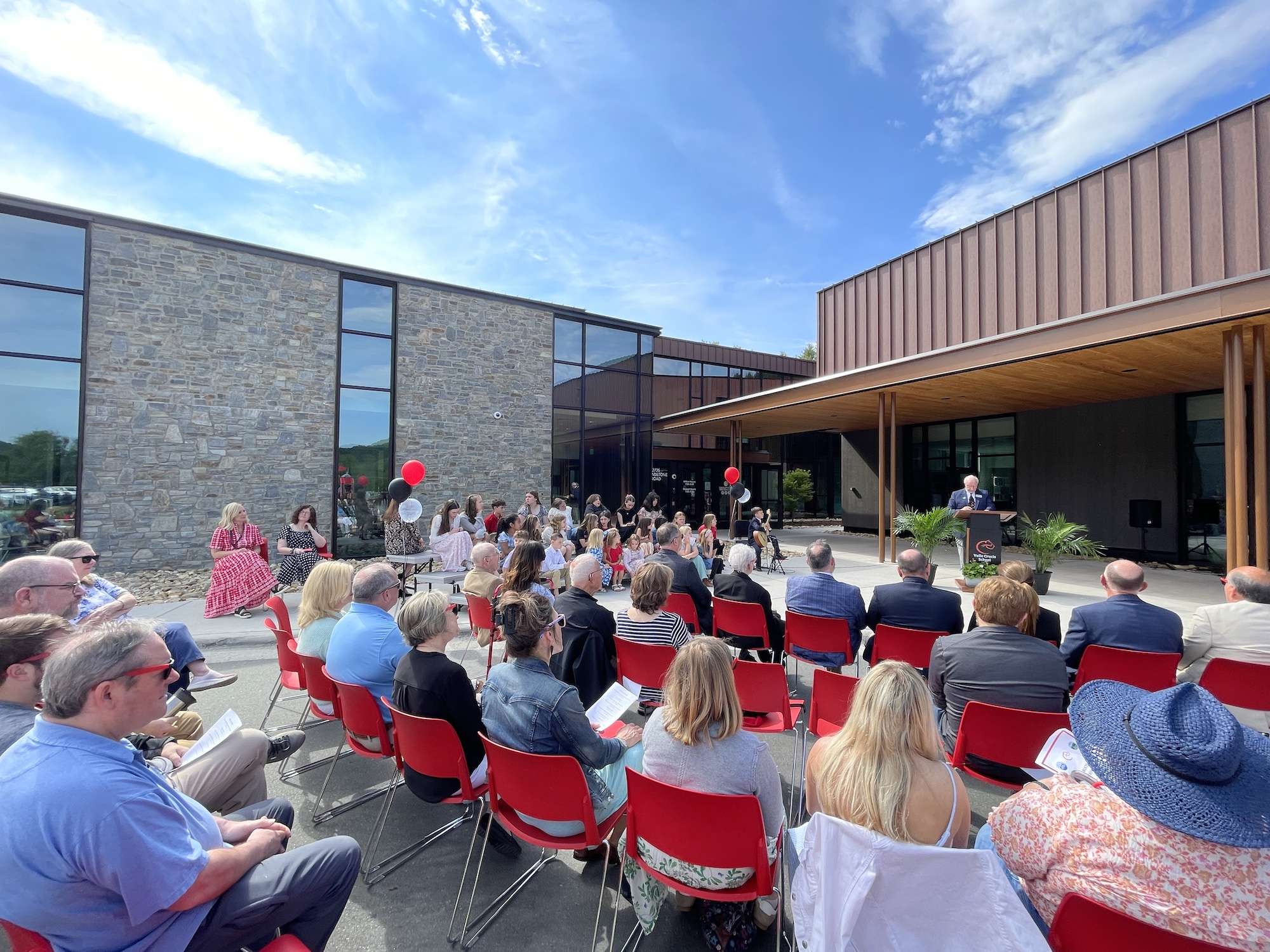 Guests and students gathered in the courtyard for the Valle Crucis School dedication ceremony on May 16, 2026.