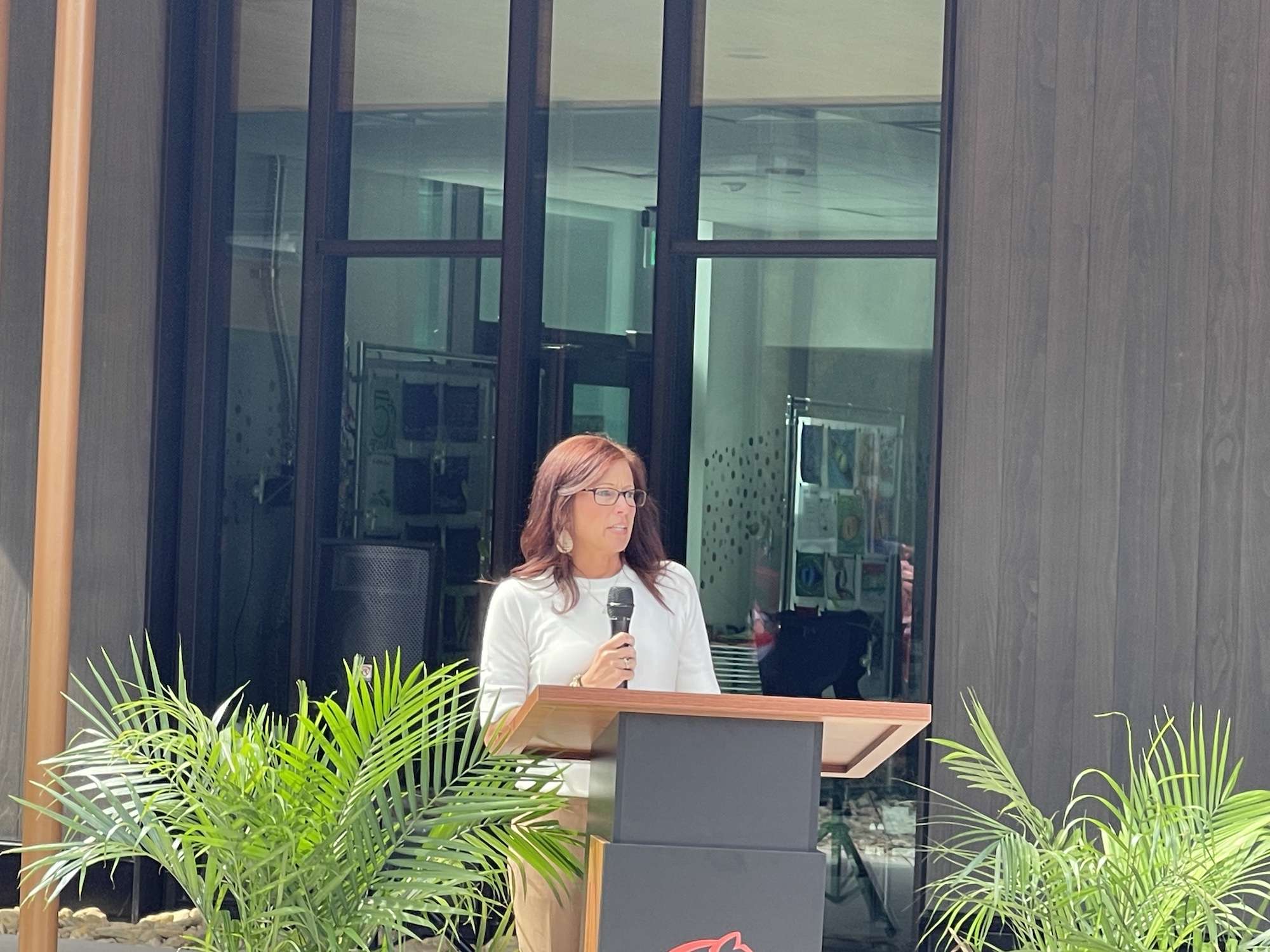 Valle Crucis School Principal Dr. Bonnie Smith delivers closing remarks at the dedication ceremony.