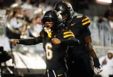 App State players celebrate during the Mountaineers' 26-21 win over Charlotte on Sept. 19-20, 2026, at Kidd Brewer Stadium.