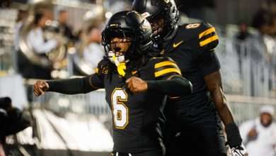 App State players celebrate during the Mountaineers' 26-21 win over Charlotte on Sept. 19-20, 2026, at Kidd Brewer Stadium.