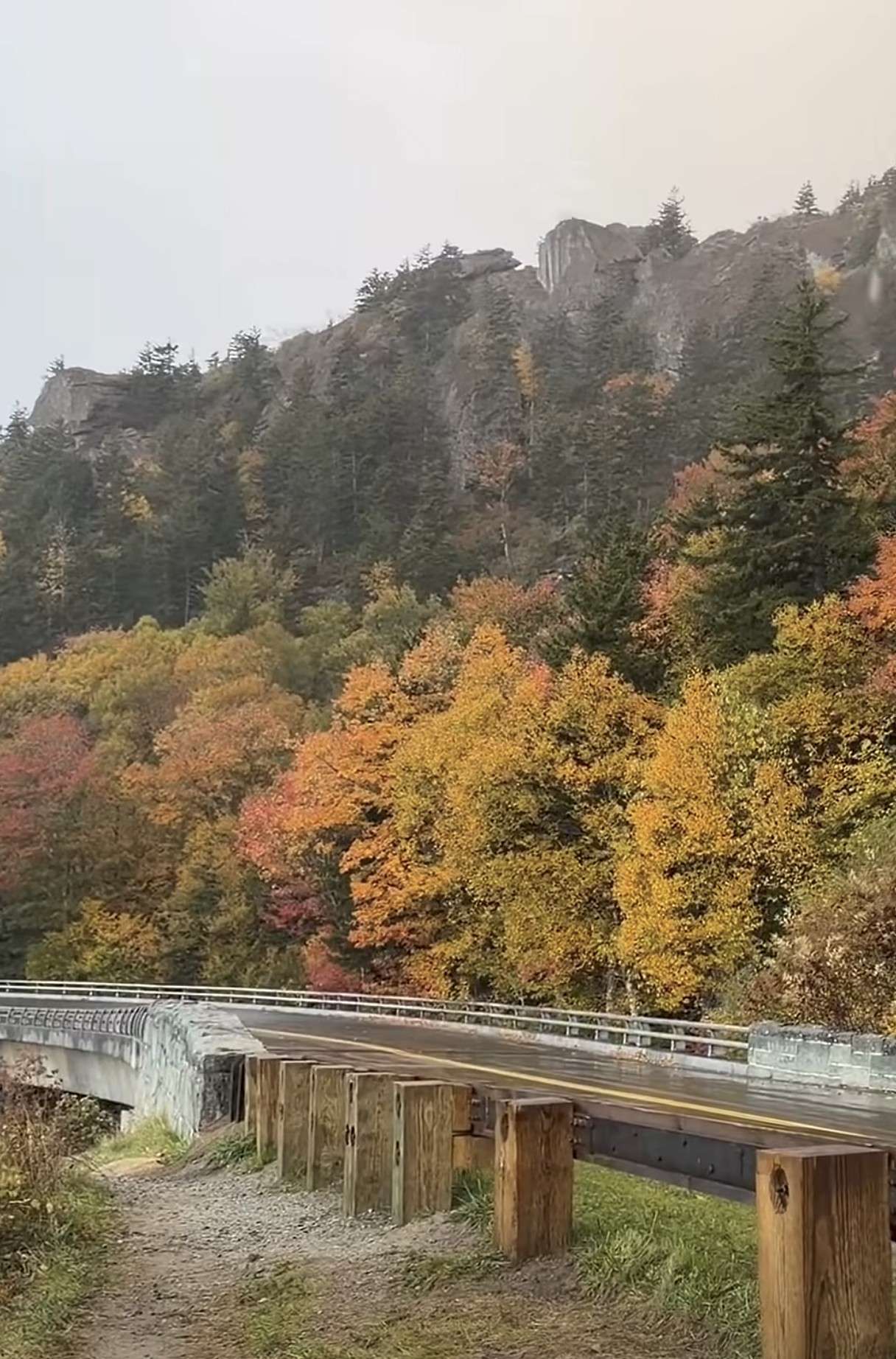 Fall color and a rocky ridge along the Blue Ridge Parkway on the morning snow fell