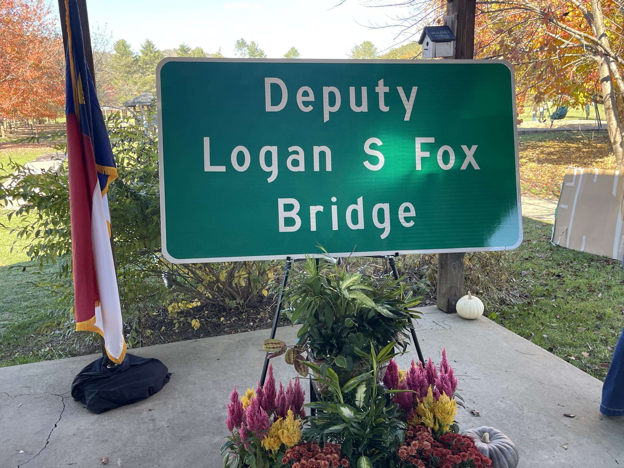 Close-up of Deputy Logan S Fox Bridge sign