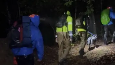 Rescuers walk with hikers and a dog at night