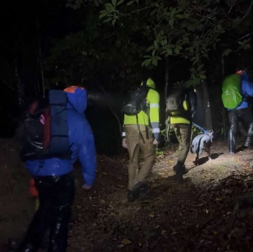 Rescuers walk with hikers and a dog at night